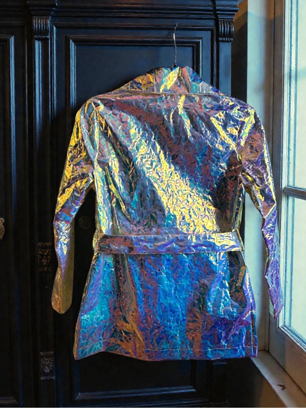 Current Mood Iridescent Holographic Unicorn Crinkle-Textured Jacket Belted Small - Picture 16 of 16